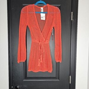 Crochet Crossed Swim Cover Up Tomato Red Mini Dress  New With Tags